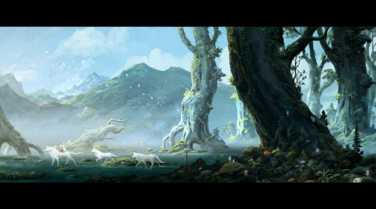 mononoke, Hime, Animal, Bird, Clouds, Forest, Grass, Mononoke, Hime, San, Scenic, Signed, Sky, Tree, Water, Wolf, Yuan HD Wallpaper Desktop Background