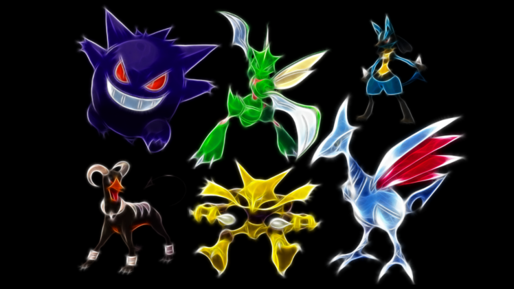 pokemon, Gengar, Lucario, Houndoom, Scyther, Kadabra, Skarmory, Black, Background HD Wallpaper Desktop Background