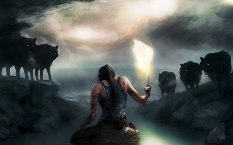 women, Video, Games, Tomb, Raider, Lara, Croft, Artwork, Wolves HD Wallpaper Desktop Background