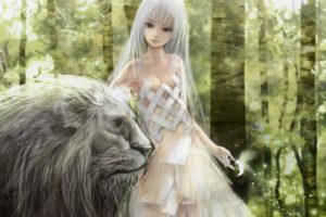 nature, Dress, Forests, Animals, Insects, Cleavage, Long, Hair, Red, Eyes, Lions, White, Hair, White, Dress, Redjuice, Anime, Girls