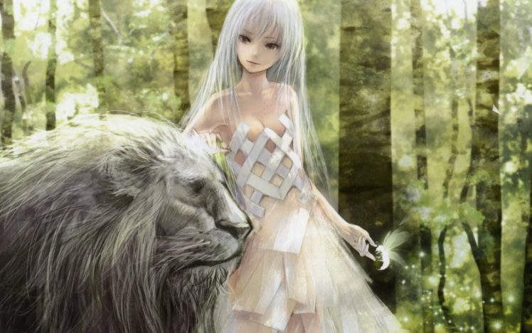 nature, Dress, Forests, Animals, Insects, Cleavage, Long, Hair, Red, Eyes, Lions, White, Hair, White, Dress, Redjuice, Anime, Girls HD Wallpaper Desktop Background