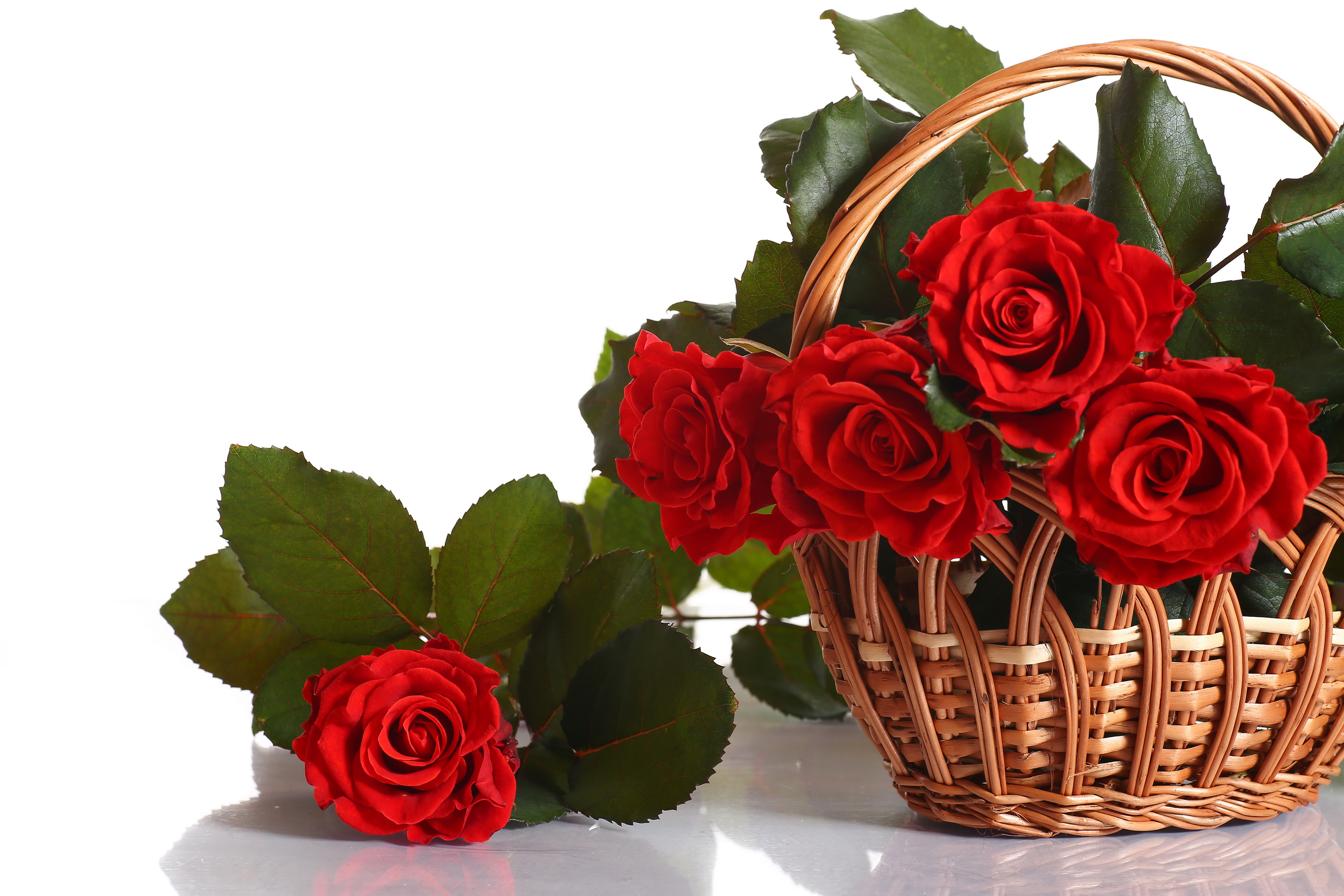 roses, Red, Wicker, Basket, Flowers Wallpaper
