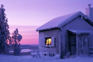 winter,  season , Snow, Trees, Sweden, Moonlight, Cabin