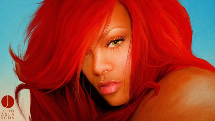 women, Rihanna, Redheads, Green, Eyes, Artwork, Bangs, Portraits, John, Aslarona HD Wallpaper Desktop Background