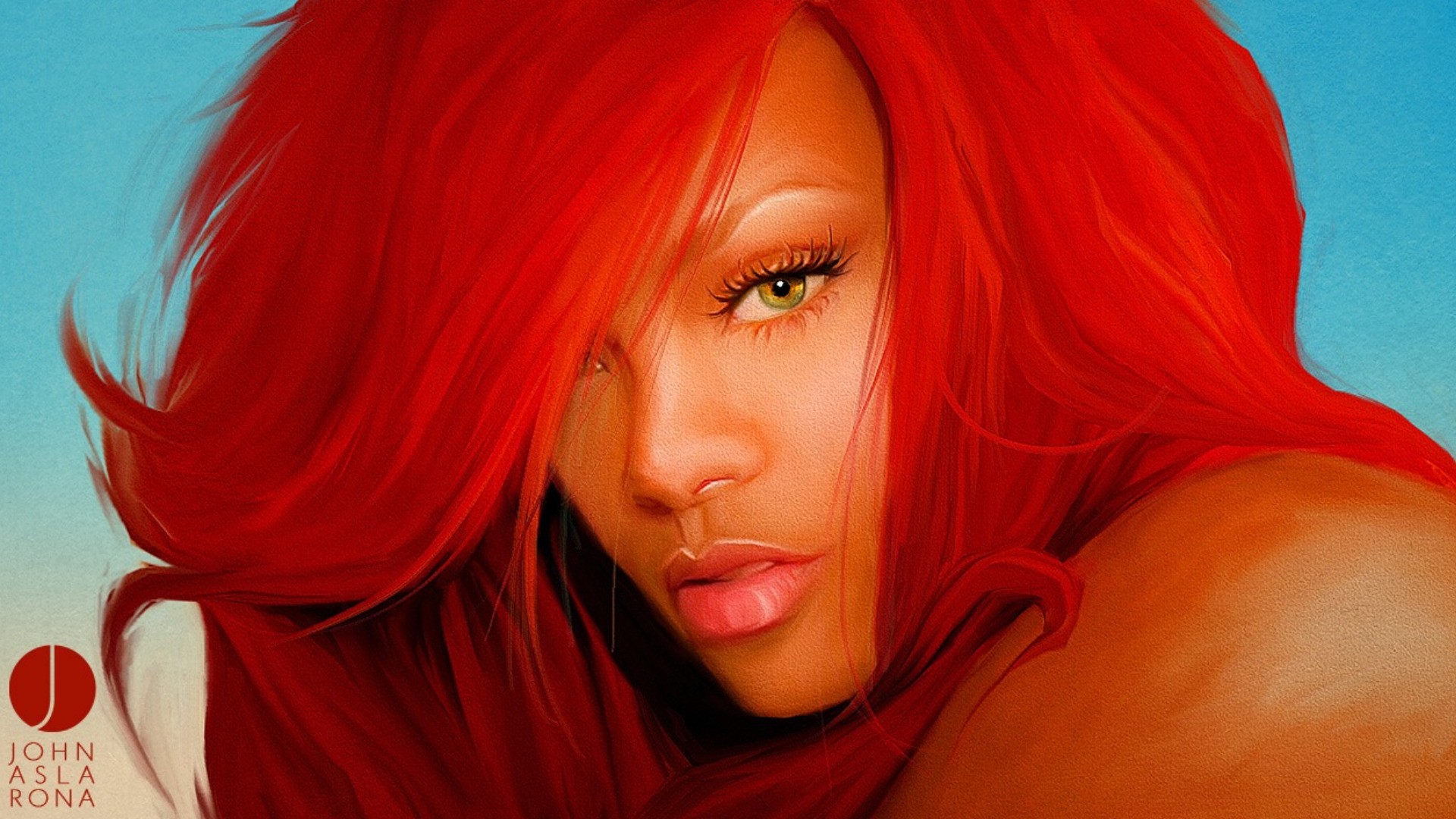 women, Rihanna, Redheads, Green, Eyes, Artwork, Bangs, Portraits, John, Aslarona Wallpaper