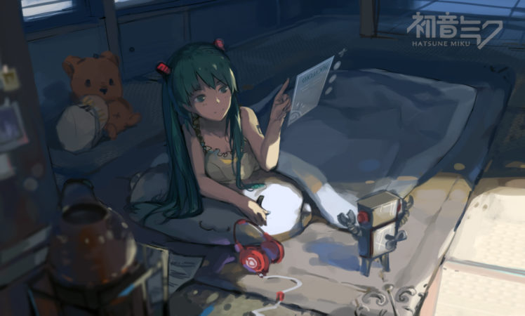 vocaloid, Aqua, Eyes, Aqua, Hair, Bed, Hatsune, Miku, Headphones, Robot, Teddy, Bear, Twintails, Vocaloid, Zao, Niao HD Wallpaper Desktop Background