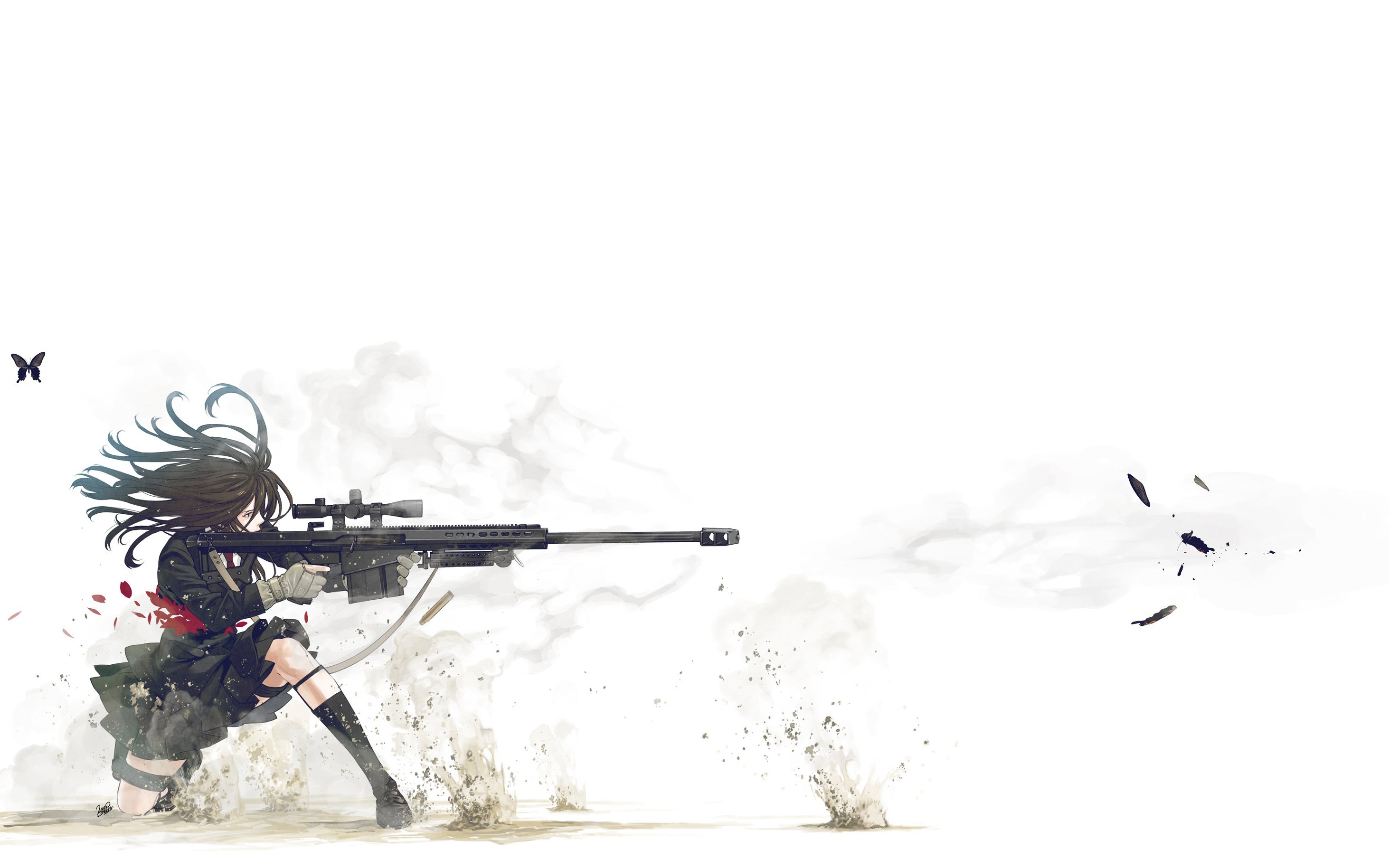 school, Uniforms, Sniper, Rifles, Anime, Simple, Background, Kozaki, Yusuke, Butterflies, Original, Characters Wallpaper