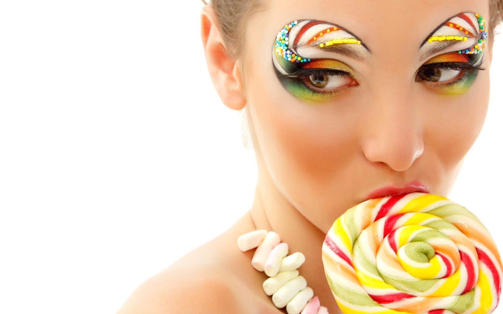women, Eyes, Multicolor, Models, Sweets,  candies , Faces, White, Background, Colors, Portraits Wallpaper