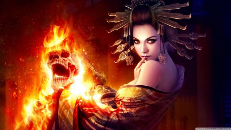 women, Witch, Skulls, Fire, Fantasy, Art HD Wallpaper Desktop Background