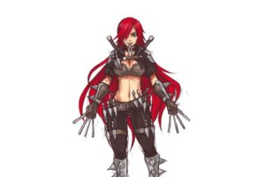 video, Games, Redheads, League, Of, Legends, Long, Hair, Weapons, Green, Eyes, Artwork, Anime, Katarina, The, Sinister, Blade, Simple, Background, White, Background