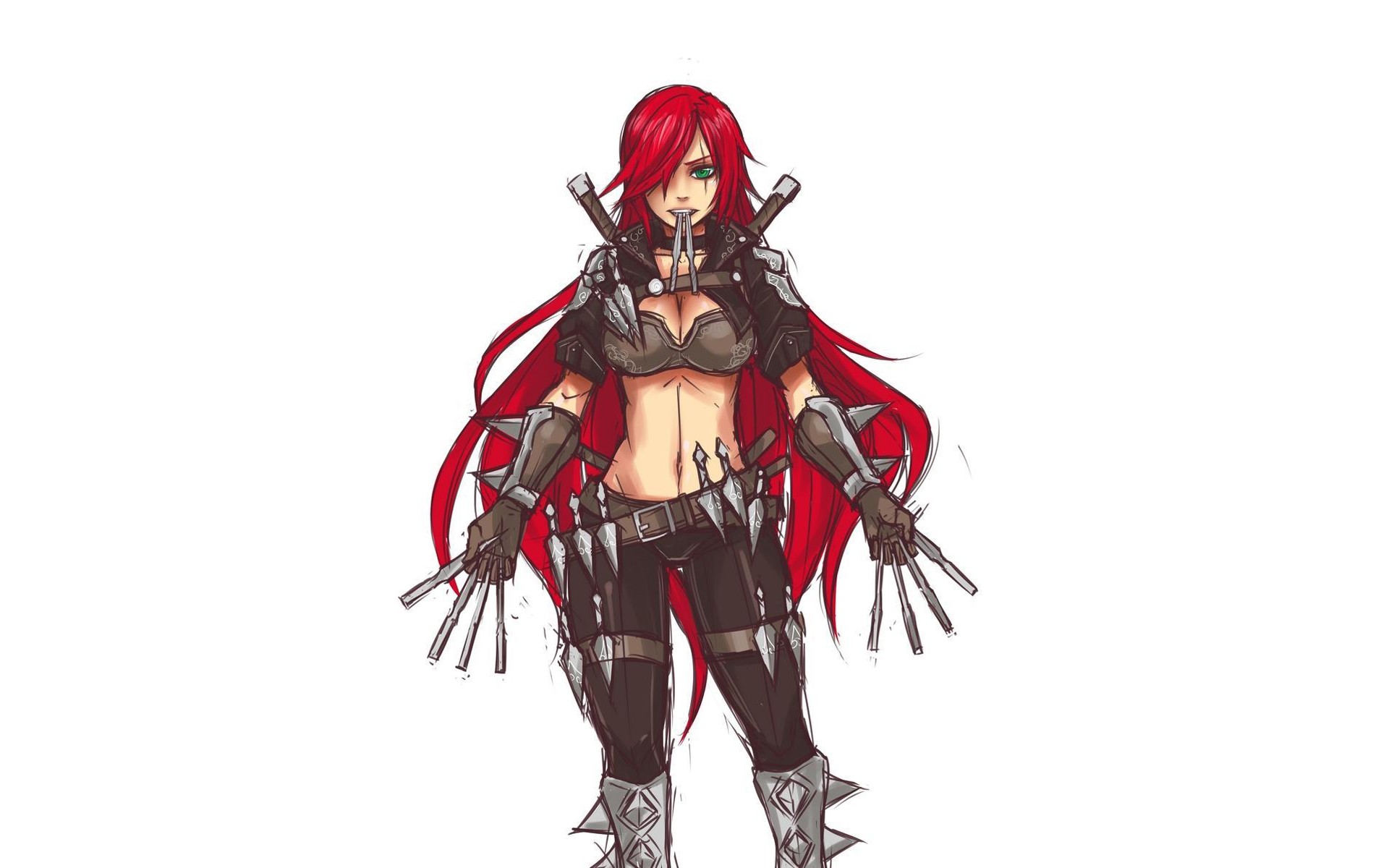 video, Games, Redheads, League, Of, Legends, Long, Hair, Weapons, Green, Eyes, Artwork, Anime, Katarina, The, Sinister, Blade, Simple, Background, White, Background Wallpaper
