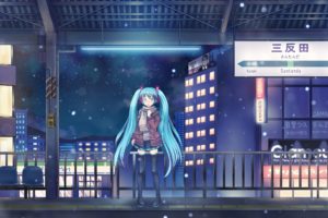 winter, Snow, Cityscapes, Vocaloid, Hatsune, Miku, Thigh, Highs, Twintails, Scarfs, Anime, Girls