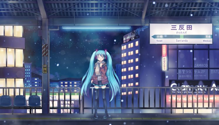 winter, Snow, Cityscapes, Vocaloid, Hatsune, Miku, Thigh, Highs, Twintails, Scarfs, Anime, Girls HD Wallpaper Desktop Background