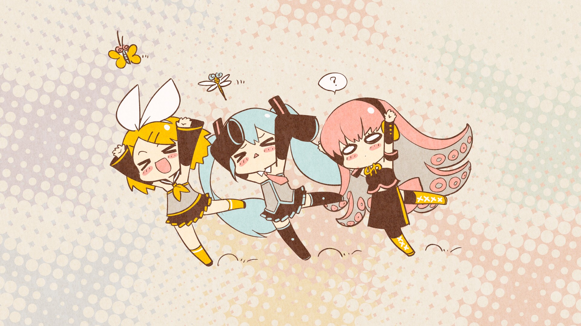 vocaloid, Hatsune, Miku, Megurine, Luka, Chibi, Kagamine, Rin, Butterflies Wallpaper