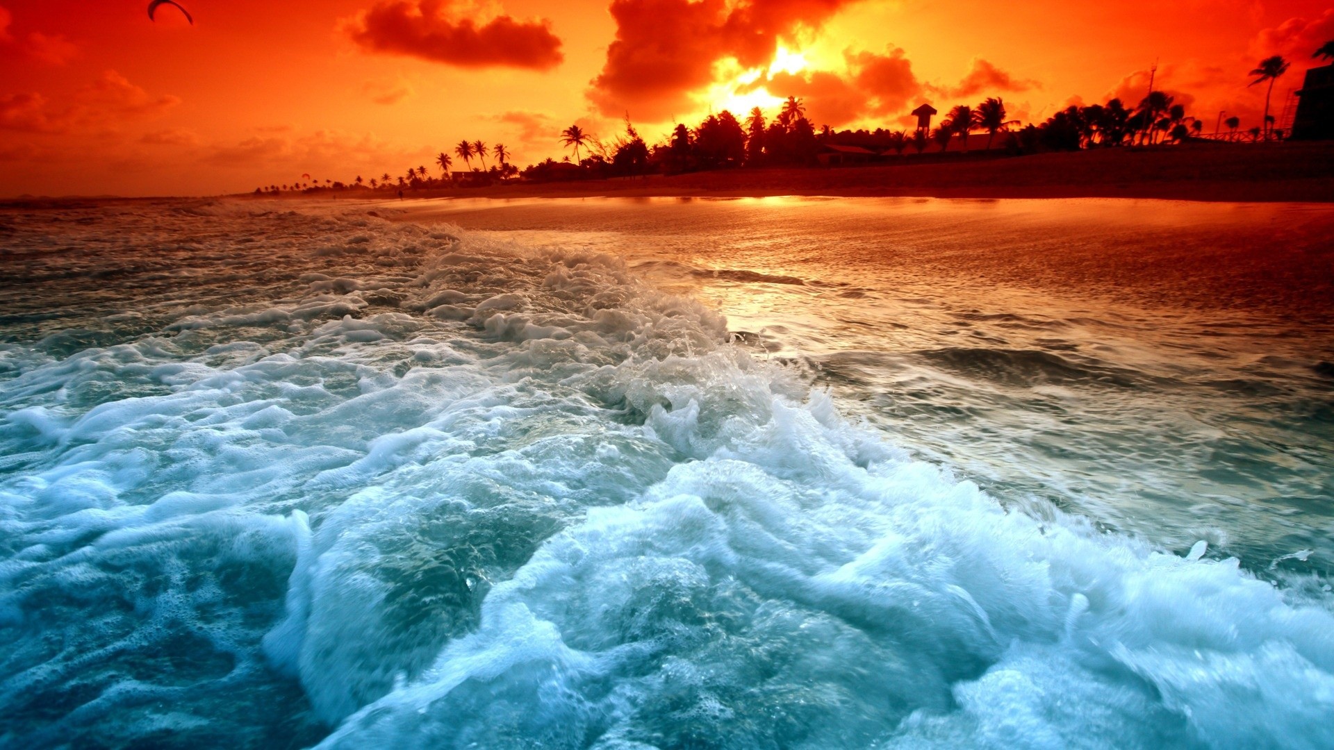 sunset, Ocean, Waves, Palm, Trees, Sea, Beaches Wallpaper