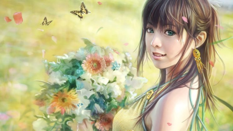 brunettes, Women, Fantasy, Flowers, Long, Hair, Spring, Fantasy, Art, Asians, Smiley, Face, Smiling, Artwork, Faces, Girls, In, Nature, Butterflies HD Wallpaper Desktop Background