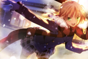 fate, Stay, Night, Blonde, Hair, Fate, Stay, Night, Gloves, Green, Eyes, Saber, Scan, Scarf, Skirt, Snow, Takeuchi, Takashi, Thighhighs, Type moon, Winter