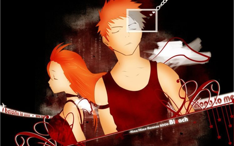 text, Bleach, Kurosaki, Ichigo, Inoue, Orihime, Closed, Eyes, Orange, Hair, Vector, Art HD Wallpaper Desktop Background