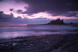 great, Britain, England, Bamburgh, Castle, Sea, Coast, Evening, Purple, Sky, Clouds, Ocean