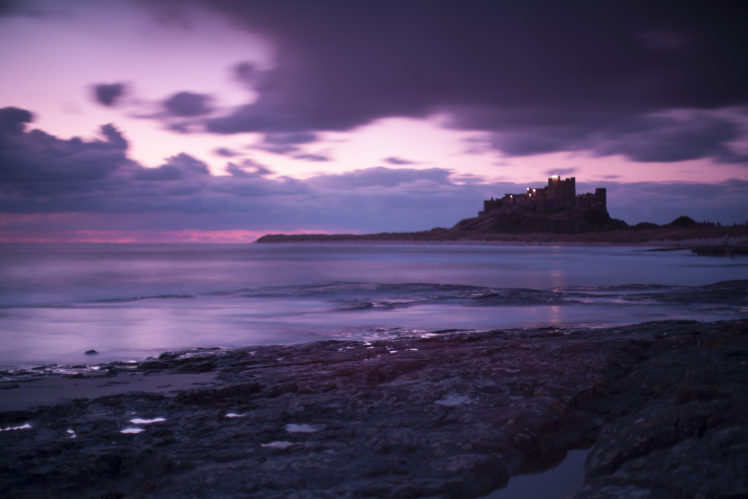 great, Britain, England, Bamburgh, Castle, Sea, Coast, Evening, Purple, Sky, Clouds, Ocean HD Wallpaper Desktop Background