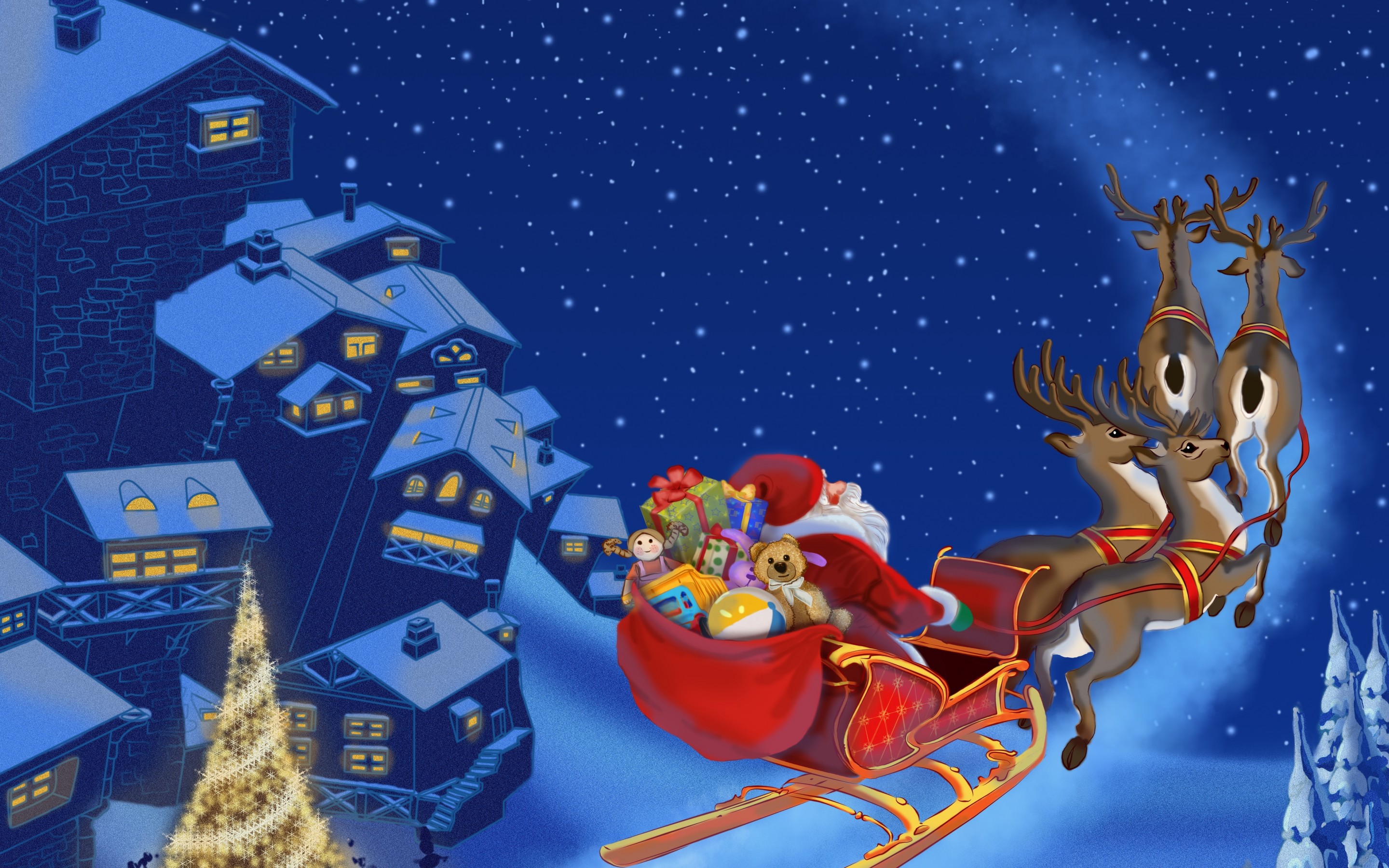 santa, Claus, Is, Coming, Merry, Christmas, Christmas, Tree, New, Year, Snow, Town, Reindeer Wallpaper