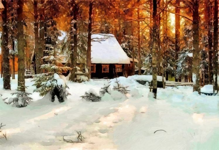 winter, Snow, Forest, Trees, House, Painting, Oil, On, Canvas HD Wallpaper Desktop Background