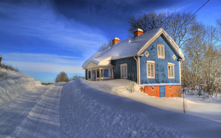 winter,  season , Snow, Houses, Roads, Blue, Skies HD Wallpaper Desktop Background