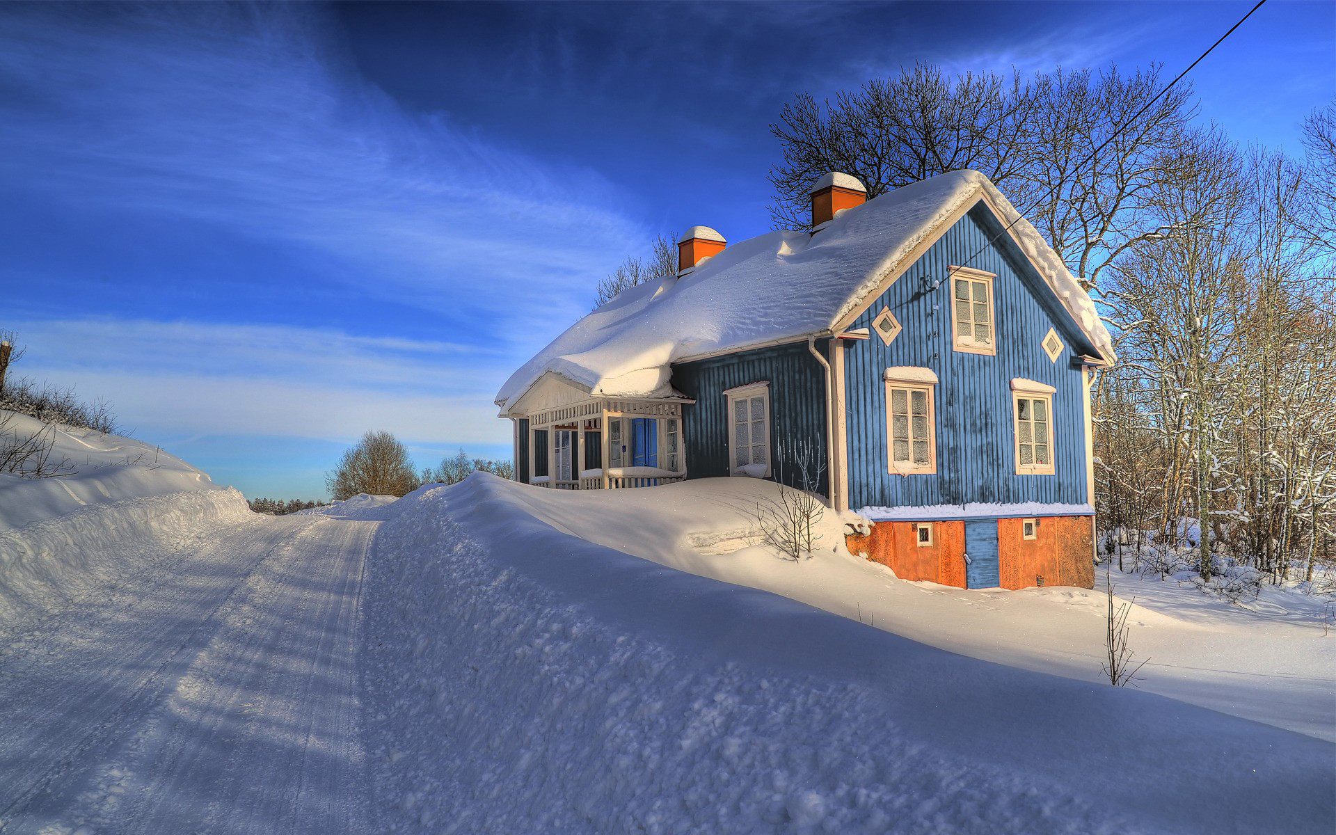 winter,  season , Snow, Houses, Roads, Blue, Skies Wallpaper
