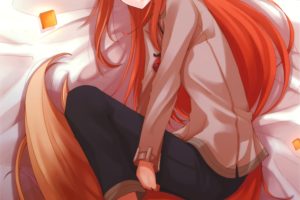 tails, Spice, And, Wolf, Redheads, Long, Hair, Animal, Ears, Red, Eyes, Lying, Down, Holo, The, Wise, Wolf, Inumimi, Anime, Girls, Bangs, Bed, Sheets