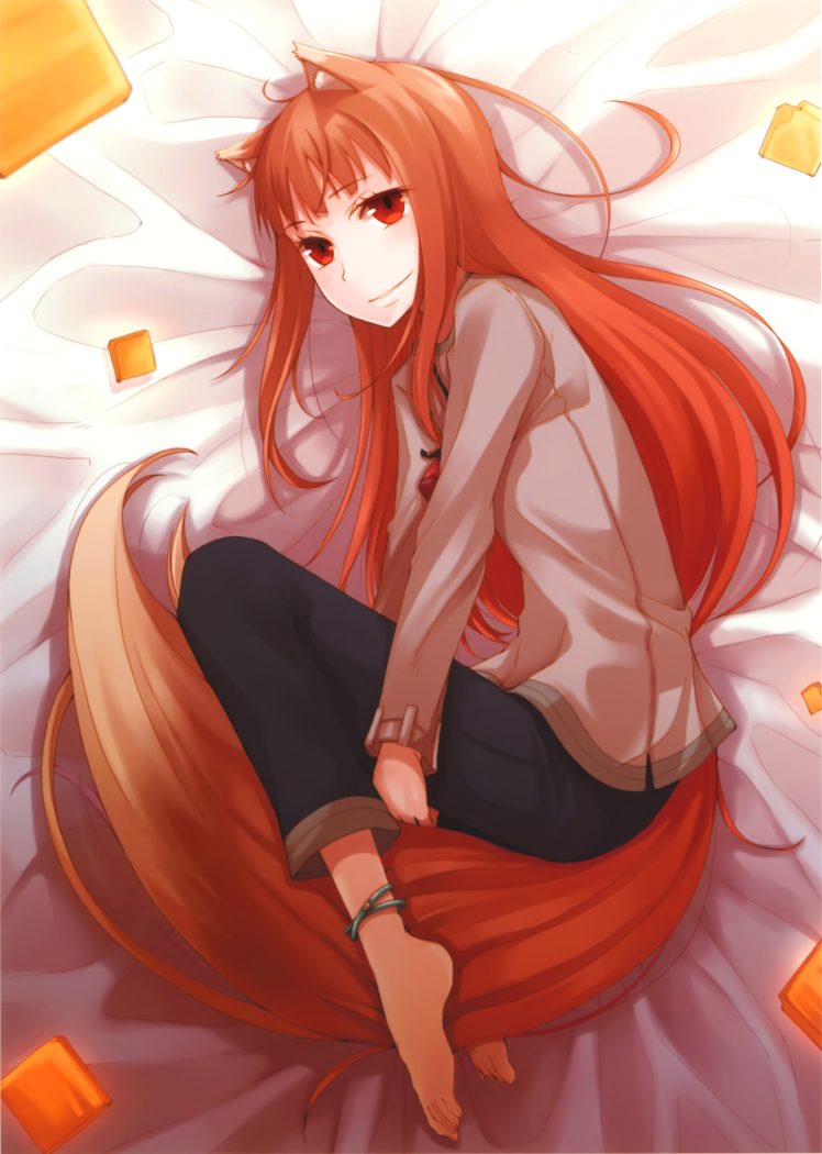 tails, Spice, And, Wolf, Redheads, Long, Hair, Animal, Ears, Red, Eyes, Lying, Down, Holo, The, Wise, Wolf, Inumimi, Anime, Girls, Bangs, Bed, Sheets HD Wallpaper Desktop Background