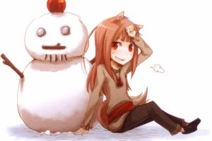 brunettes, Winter, Snow, Spice, And, Wolf, Snowmen, Animal, Ears, Holo, The, Wise, Wolf, Apples, Inumimi