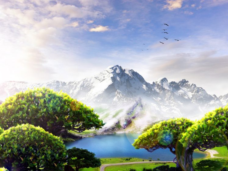 green, Mountains, Clouds, Landscapes, Trees, Birds, Grass, Artwork, Skies HD Wallpaper Desktop Background