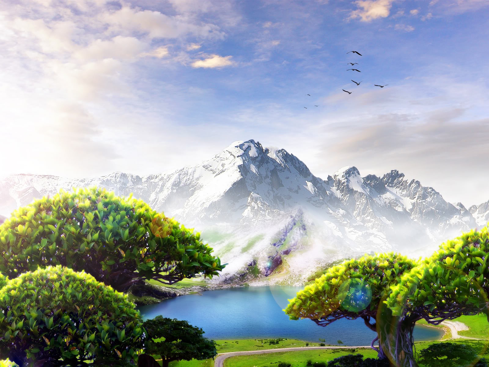 green, Mountains, Clouds, Landscapes, Trees, Birds, Grass, Artwork, Skies Wallpaper