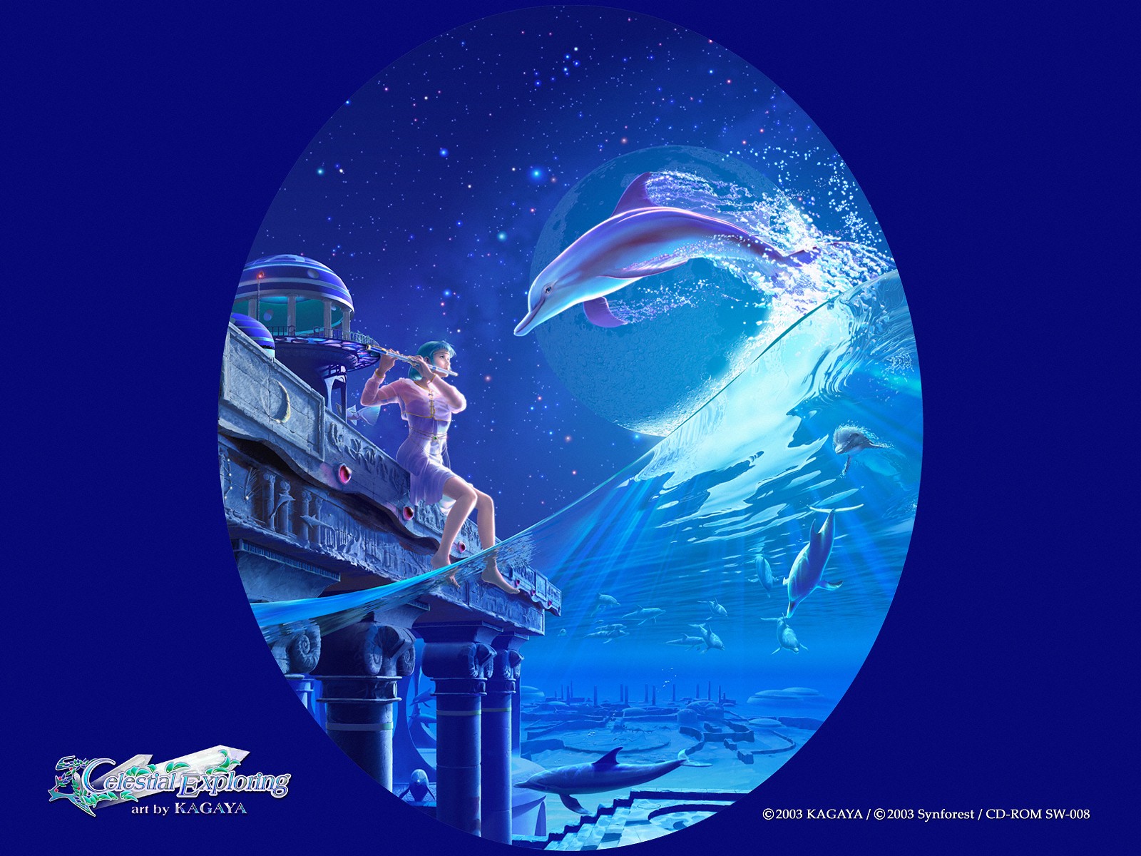 blue, Anime, Kagaya, Yutaka, Dolphins, Underwater, Celestial, Exploring Wallpaper