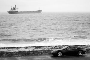 ocean, Cars, Ships, Shore, Maserati, Monochrome, Vehicles, Greyscale