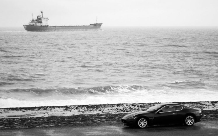 ocean, Cars, Ships, Shore, Maserati, Monochrome, Vehicles, Greyscale HD Wallpaper Desktop Background
