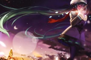 light, Clouds, Winter, Vocaloid, Hatsune, Miku, Lens, Flare, Skirts, Long, Hair, Christmas, Christmas, Trees, Pantyhose, Green, Hair, Twintails, Fireflies, Closed, Eyes, Scarfs, Flower, Petals, Soft, Shading, Ha