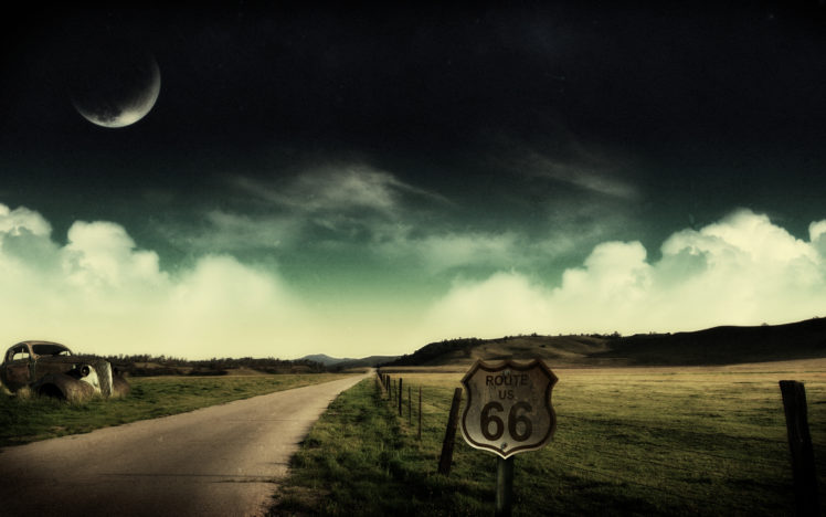 landscapes, Moon, Fields, Route, 66, Roads HD Wallpaper Desktop Background