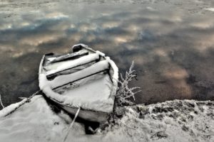 snowy, Boat, In, The, Frozen, Lake