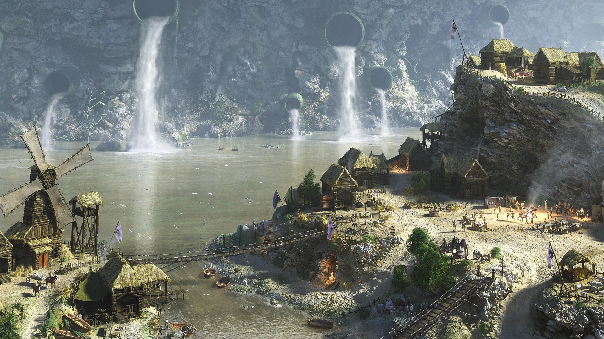 water, Drawings, Villages Wallpaper