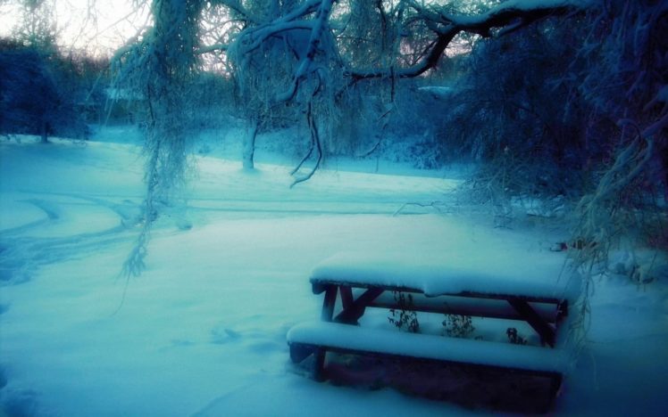 nature, Winter, Snow, Frozen, Bench, Rivers HD Wallpaper Desktop Background
