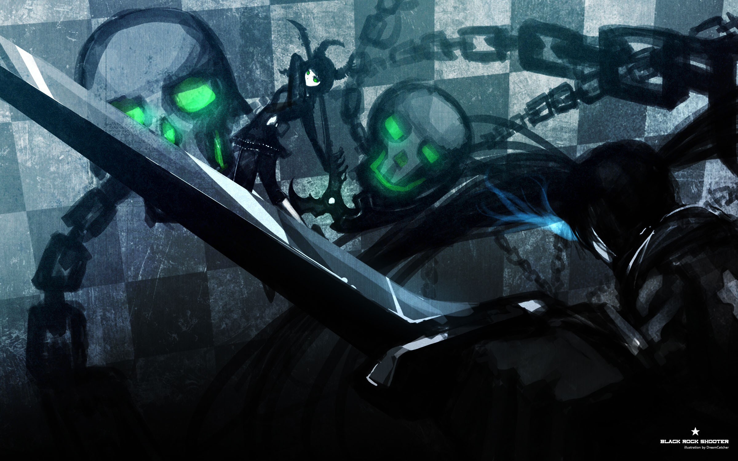 skulls, Black, Rock, Shooter, Dead, Master, Paint, Twintails, Anime, Chains, Anime, Girls, Glowing, Eyes, Swords Wallpaper