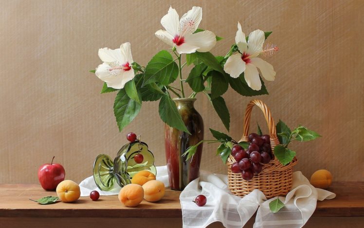 flowers, Peach, Grapes, Still, Life, Apple HD Wallpaper Desktop Background