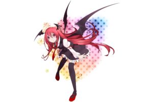 video, Games, Touhou, Wings, Dress, Redheads, Tie, Ribbons, Shoes, Thigh, Highs, Pink, Eyes, Koakuma, Simple, Background, Anime, Girls, Ornaments, White, Background, Bangs, Devils