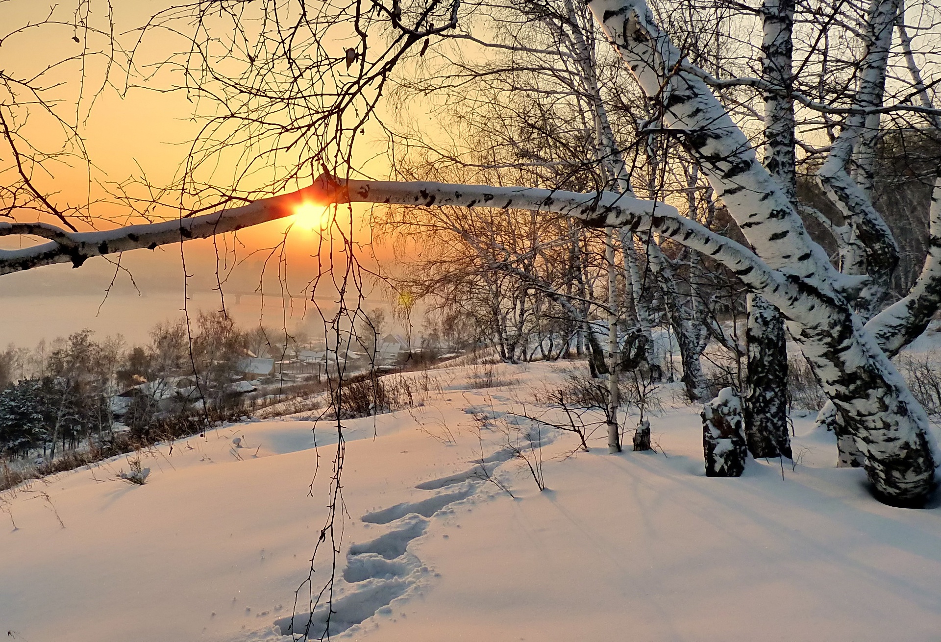 landscape, Nature, Winter, Morning, Dawn, Snow, Footprints Wallpaper