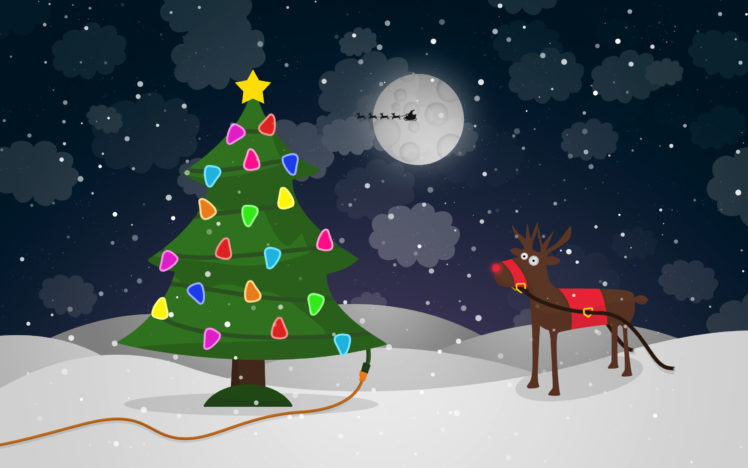 moon, Tree, Sky, Snow, Reindeer, Stars HD Wallpaper Desktop Background