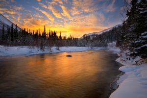 sunset, River, Sky, Snow, Nature, Winter