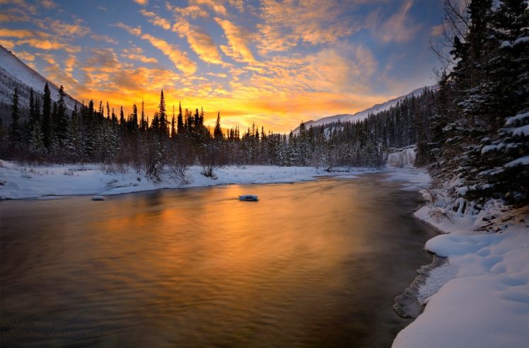 sunset, River, Sky, Snow, Nature, Winter HD Wallpaper Desktop Background