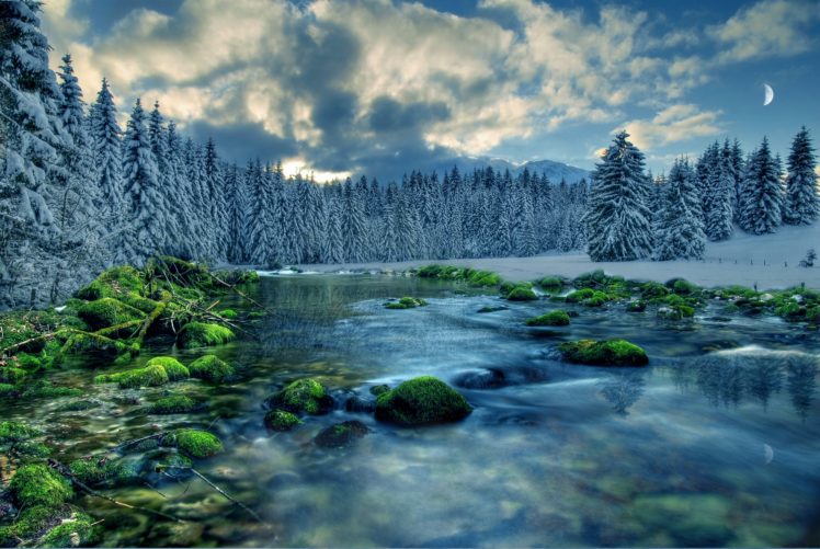 winter, River, Rocks, Moss, Trees, Landscape HD Wallpaper Desktop Background