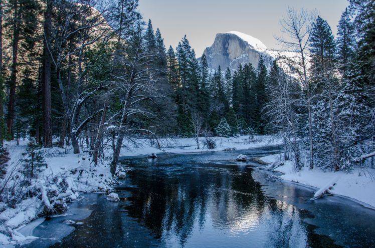 yosemite, National, Park, Winter, River, Trees, Mountains, Landscape HD Wallpaper Desktop Background